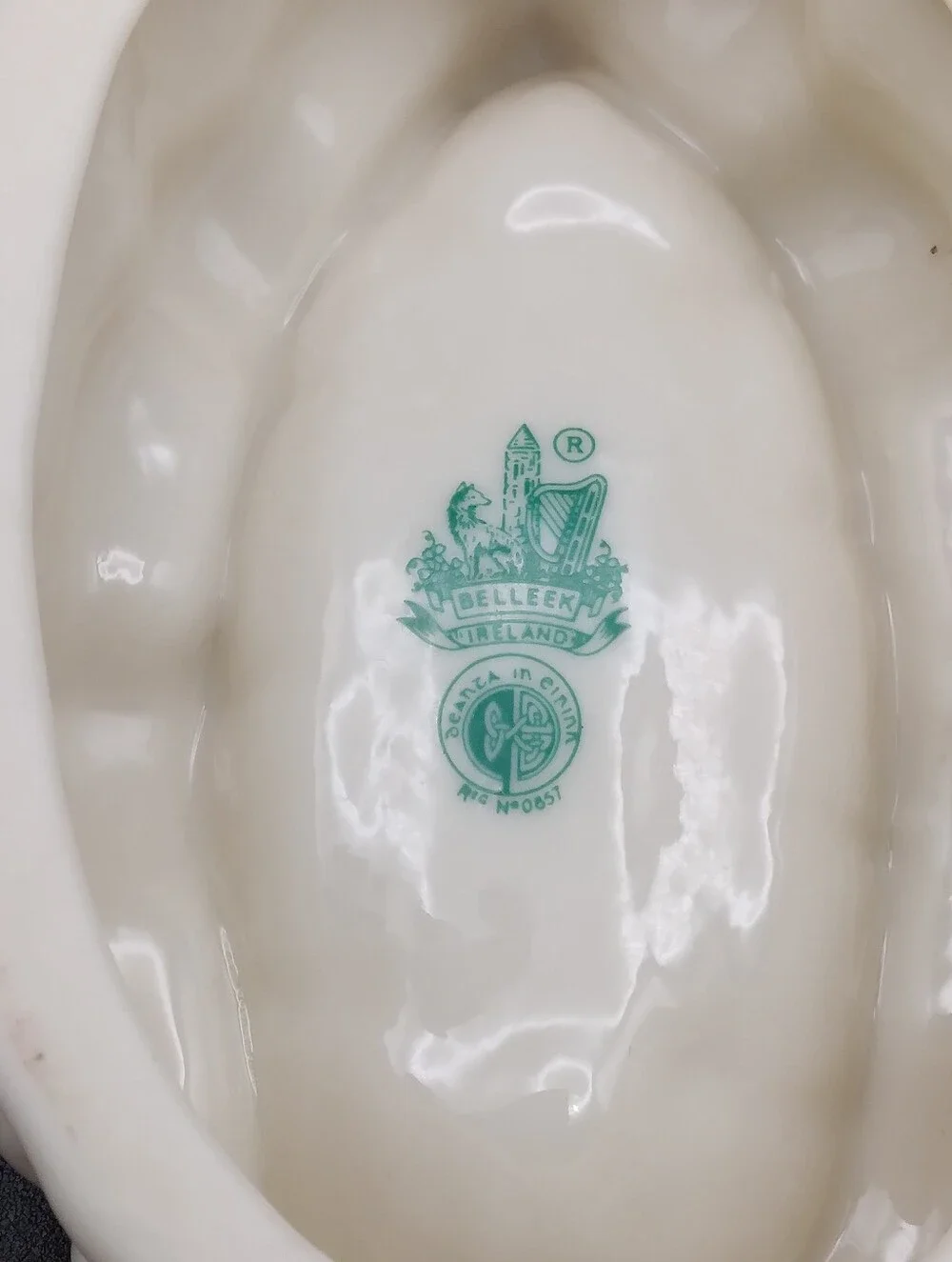 Vintage Belleek Pottery Row Boat On Waves Salt Cellar/Trinket Dish/Ashtray